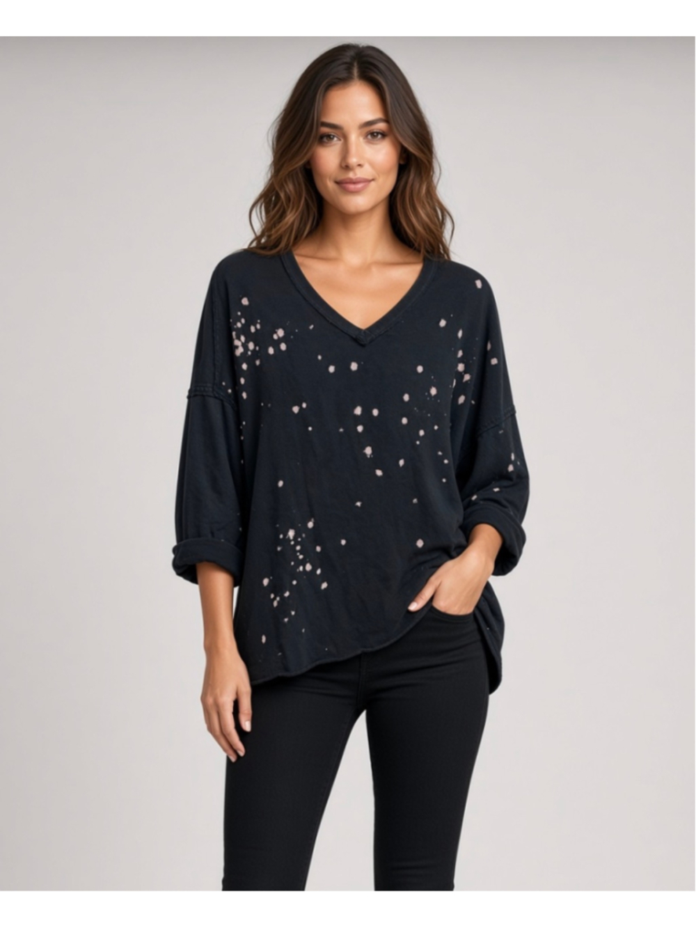 Easel Los Angeles Black Bleach Splatter Print V-Neck Raw Hem Top Shirt Size L